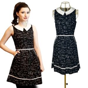 Retrolicious Black & White Chemistry A-Line Dress, Peter Pan Collar & Pockets, M